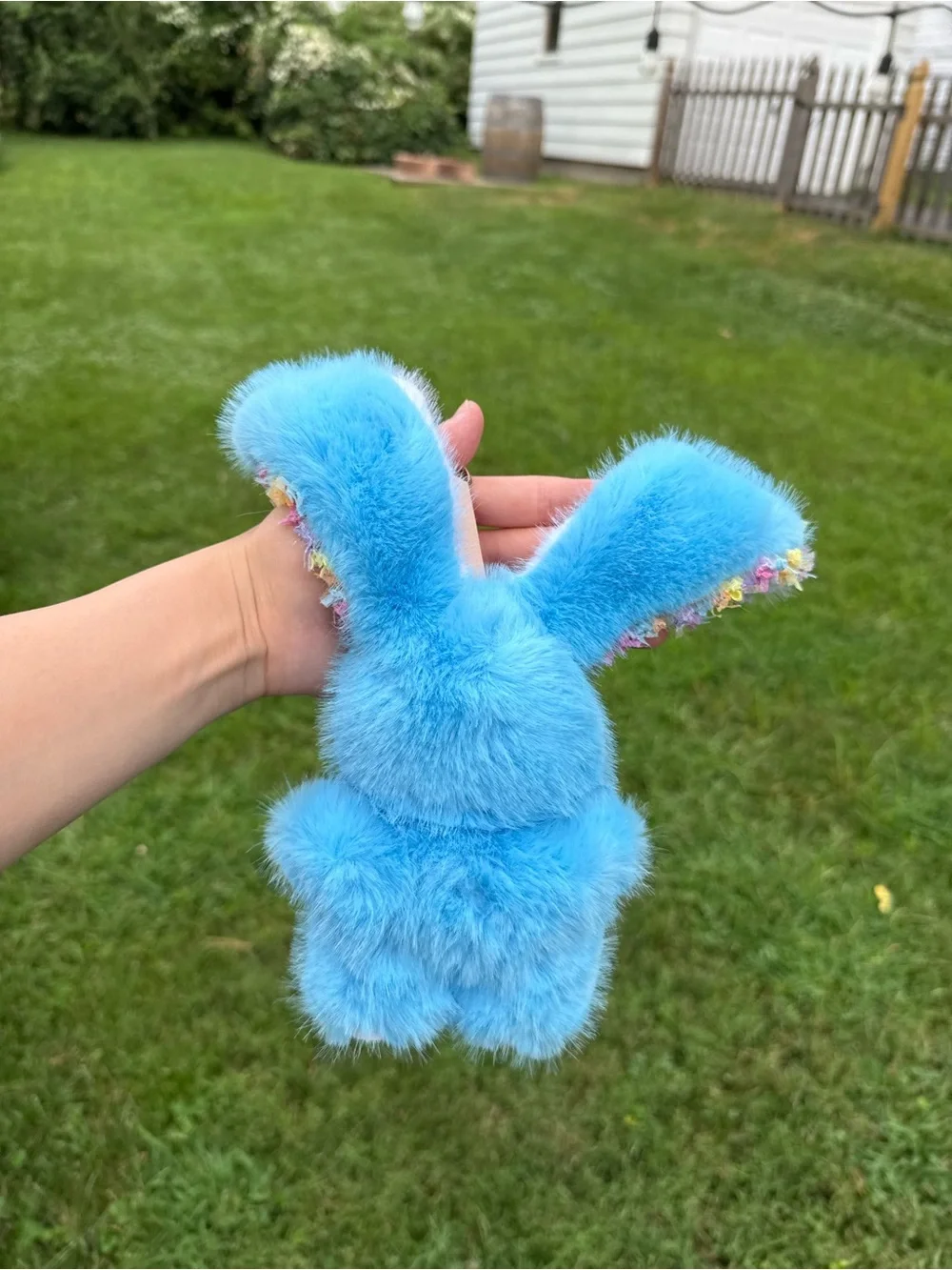 Adorable Blue Plush Bunny Keychain with Floral Trim backpack charm for birthday